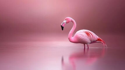 Fototapeta premium A pink flamingo wades in the water, submerging its head and legs