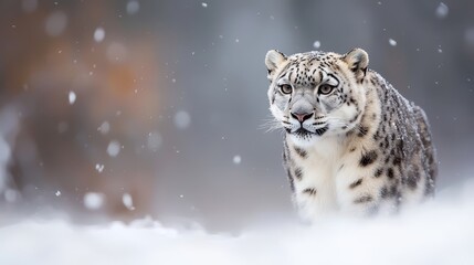 Fototapeta premium A snow leopard stands in the snowfall, its face pierced by descending flakes, eyes wide and alert