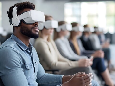 Young african american man using virtual reality headset in conference room