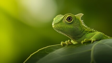 Fototapeta premium A tight shot of a green lizard perched on a leaf, surrounded by an indistinct foreground of blurred leaves