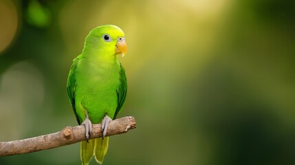  A green bird perched on a tree branch against a blurred background of green and yellow hues