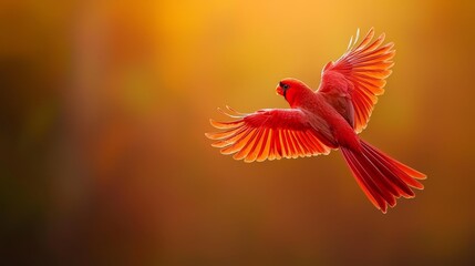 A red bird flies in the air with its wings spread widely