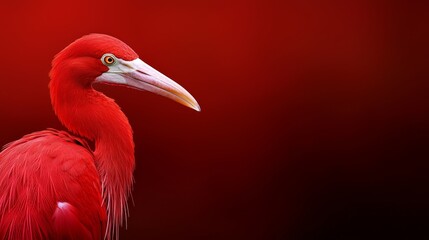 Fototapeta premium A tight shot of a long-necked, red bird with an extensive beak and lengthy bill against a bold red backdrop