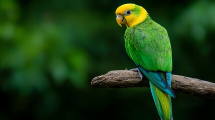 Obraz premium A green-and-yellow bird perches on a tree branch against a verdant forest backdrop of leafy greens