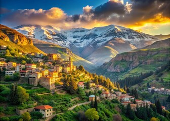 Snow-capped Lebanon Mountains tower above a serene valley, bathed in soft golden light, with lush green forests and