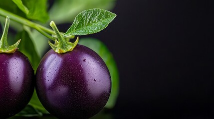  A branch bearing two ripe eggplants, with water beads on the plant's glistening leaves