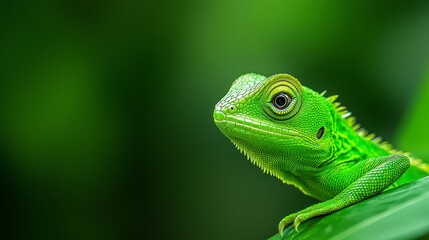 Fototapeta premium A tight shot of a green lizard atop a verdant leaf, surrounded by an indistinct backdrop of trees and grass