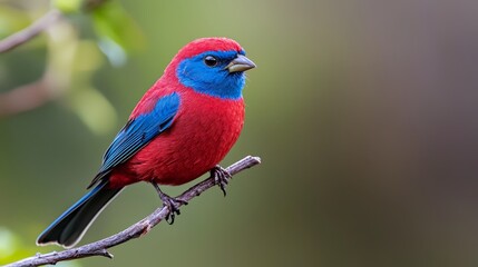Obraz premium A red, blue, and black bird sits on a tree branch against a softly blurred backdrop of leaves and branches