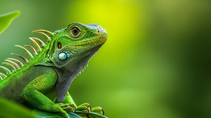Obraz premium A tight shot of a green iguana perched on a branch, adorned with nearby leaves in sharp focus, while the backdrop softly blurs