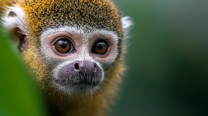 Fototapeta premium A tight shot of a monkey's face, with a green leaf positioned near and sharp, while the background softly blurs