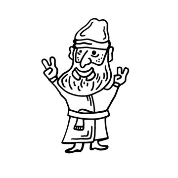 A happy man in a dressing gown or coat with a beard