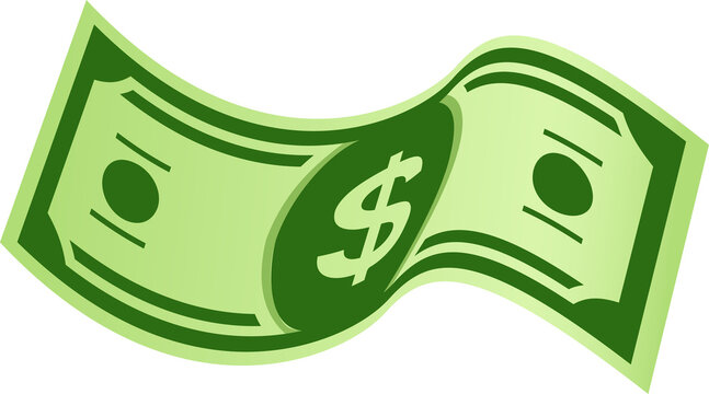 Flying cartoon money banknote, falling dollar
