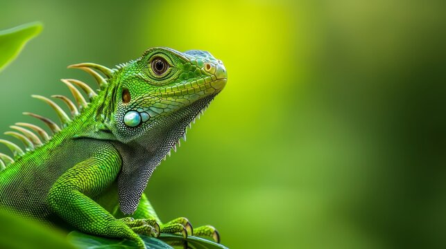  A tight shot of a green iguana perched on a branch, adorned with nearby leaves in sharp focus, while the backdrop softly blurs