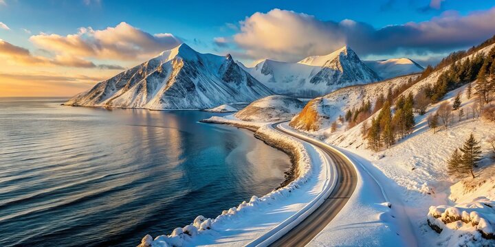 Snow-capped mountains meet the rugged coastline of Magadan Oblast, Russia, where a lonely road winds through a serene,