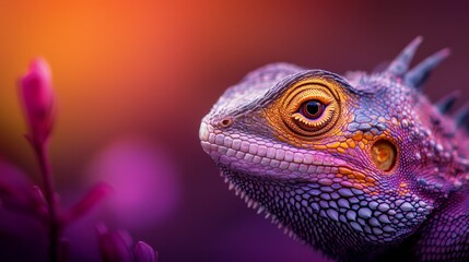 Fototapeta premium A lizard's face, in tight focus, features prominently A flower lies near, sharply defined Background subtly blurred