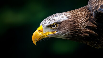Obraz premium A tight shot of an eagle's head against a black backdrop, framed by a green, leafy expanse
