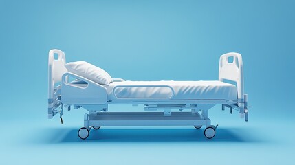 A white hospital bed with a pillow and white sheets on a blue background.