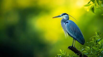 Fototapeta premium Bird atop tree branch in verdant forest, teeming with numerous trees and lush green leaves