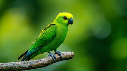 Fototapeta premium A green-yellow bird on a tree branch against a green foliage backdrop with a softly blurred background