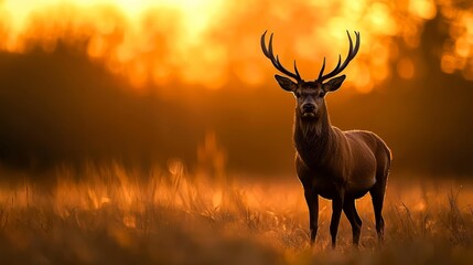  A decefully narrow shot of a deer amidst a lush sea of grasses Sunlight filters through the tree canopy, casting dappled patterns on the forest floor behind