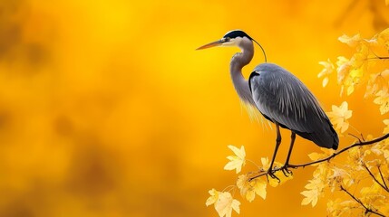 Naklejka premium Birds on tree branch against yellow backdrop with foreground leaves