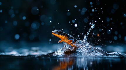 Fototapeta premium A tiny orange-black frog splashes water onto its back, head bobbing above the surface