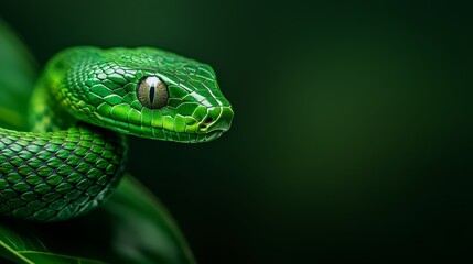 Obraz premium A tight shot of a green snake's head above a green plant, adorned with leaves in the background