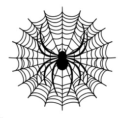 Obraz premium A black graceful spider in the center of a symmetrical web. Linear vector drawing, minimalistic style, black and white.
