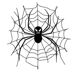 Obraz premium A black spider in the center of the web with an ominous grin. Black and white illustration. Linear vector drawing, black and white, minimalistic style, isolated.