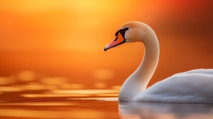 Obraz premium A tight shot of a swan on a water body with an intense orange sky in the background