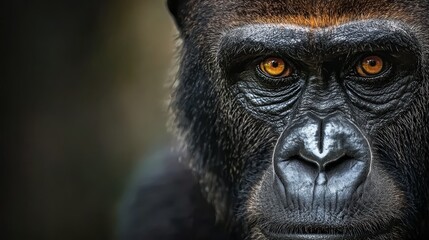 Obraz premium A monkey's face in close-up, with intense gaze and yellow eyes