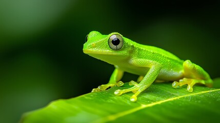  A tight shot of a frog atop a green leaf against a softly blurred backdrop of intermingling foliage