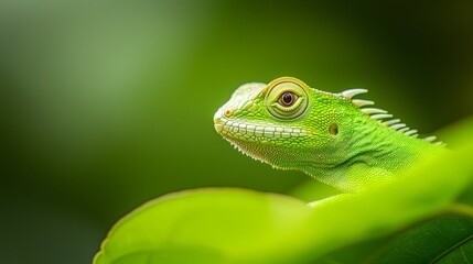Fototapeta premium A tight shot of a green chameleon perched on a leaf against a softly blurred background