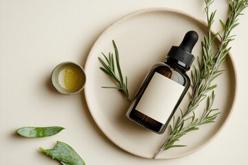 A dropper bottle with a blank label, surrounded by aloe vera, rosemary, and a small bowl of oil.