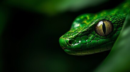 Fototapeta premium A tight shot of a green snake's eye, foregrounded by a nearby green leaf against a dark backdrop