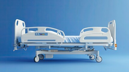 A white hospital bed with adjustable height, side rails, and wheels on a blue background.