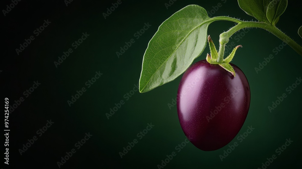 Poster a tight shot of a purple eggplant against a green leaf, set against a black backdrop