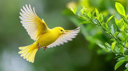  A yellow bird flaps wings atop a tree branch, surrounded by green foliage