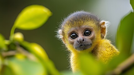Obraz premium A sad-faced monkey in close-up, perched on a tree branch, gazing at the camera