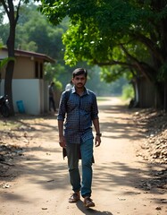 a Indian person is standing against a wall 