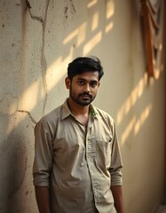 a Indian person is standing against a wall 