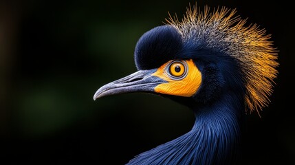Fototapeta premium A tight shot of a blue bird with a vibrant yellow beak against a dark backdrop of towering trees