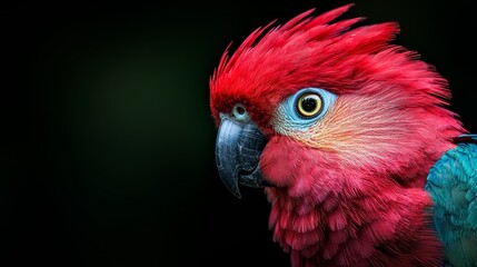 Fototapeta premium A tight shot of a red-and-blue parrot's head and shoulders against a black backdrop