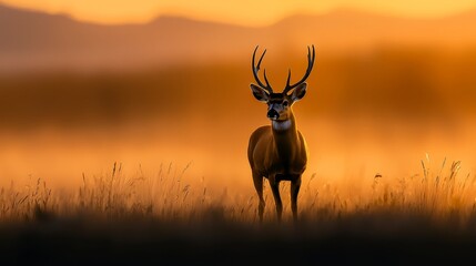  A deer stands in a sun-lit field, its back bathed in sunlight Antlers prominent in the foreground