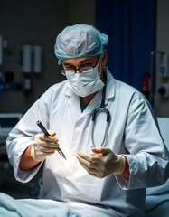 a man stands in a hospital corridor with a stethoscope on his neck