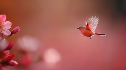 Obraz premium A tiny red bird flies beside a cluster of pink blooms against a pink-red backdrop; foreground features a blurred avian silhouette