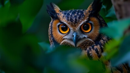 Obraz premium A tight shot of an owl's face peeking through tree leaves against a blue sky backdrop