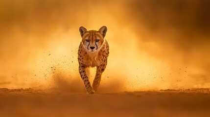  A cheetah sprints across the desert, generating a yellow cloud of dust that trails behind,...