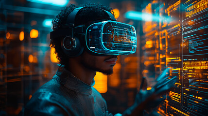 Man Engaged in Virtual Reality Experience with Futuristic Interface
