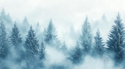 Fototapeta premium Worms-eye perspective, misty winter landscape with frost-covered pine trees, soft-focus effect capturing ethereal fog, subtle hues of a watercolor painting